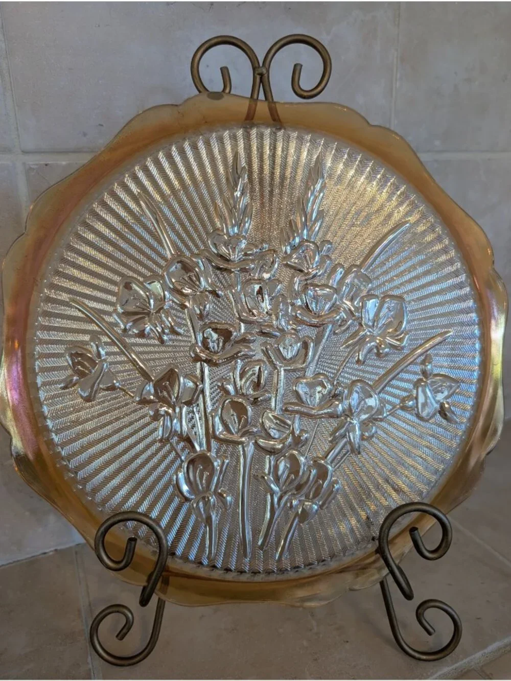 Vintage Jeannette Glass Co Iris& Herringbone Serving Platter Iridescent Marigold